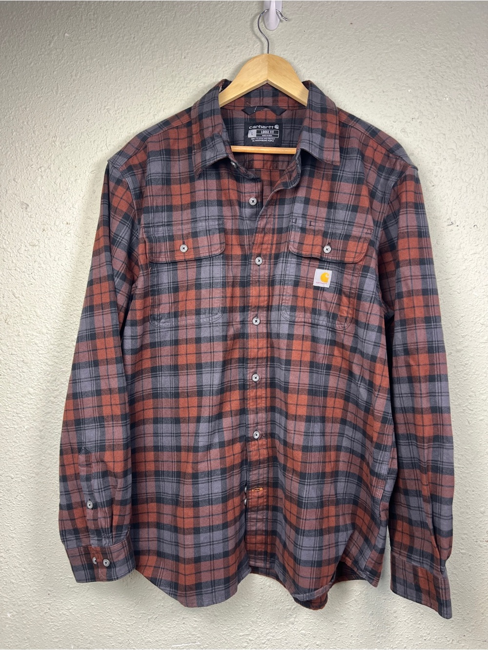 CARHART LOOSE FIT HEAVYWEIGHT FLANNEL LONG-SLEEVE PLAID SHIRT LARGE